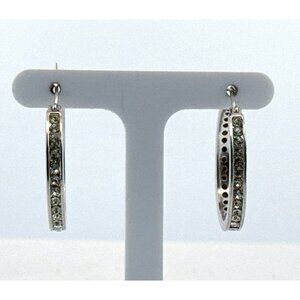 Estate Vintage 925 Sterling Silver CZ Hoop Earrings, 1.13", 7g, Marked